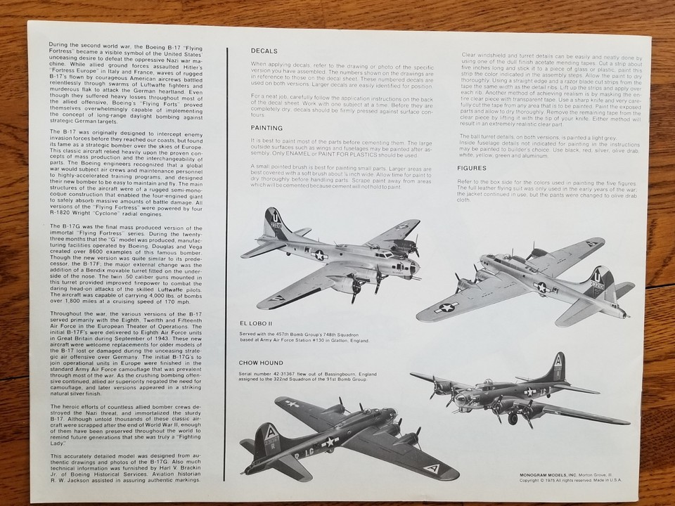 Orig1975 Monogram B-17G ASSEMBLY INSTRUCTIONS ONLY For Flying Fortress ...