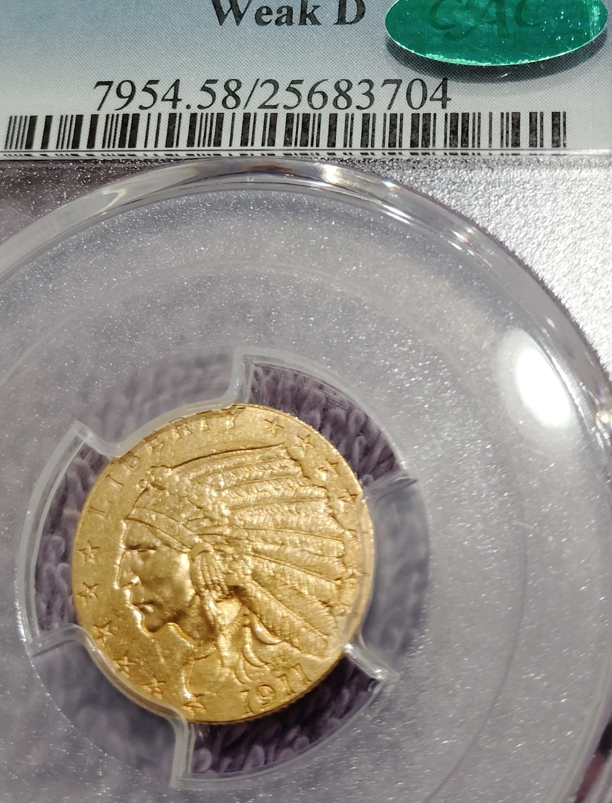 1911-D gold $2 1/2 quarter eagle $2 1/2, Weak D, PCGS AU-58 CAC - rarity top pop