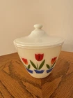 VINTAGE ORIGINAL FIRE KING TULIP PATTERN MILK GLASS GREASE JAR W ORIGINAL LID