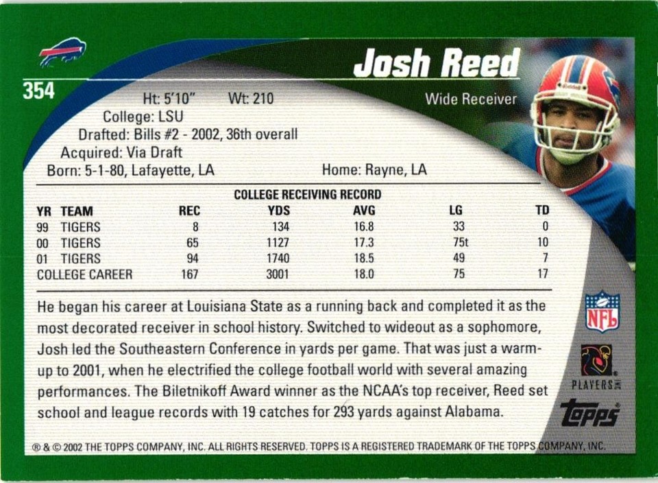 2002 TOPPS JOSH REED ROOKIE RC #354 CARD $0.99 VALUE BOX | eBay