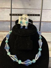 Brand New  Costume Jewerly Blue&Green Set.  Pierced Earrings & Necklace.4