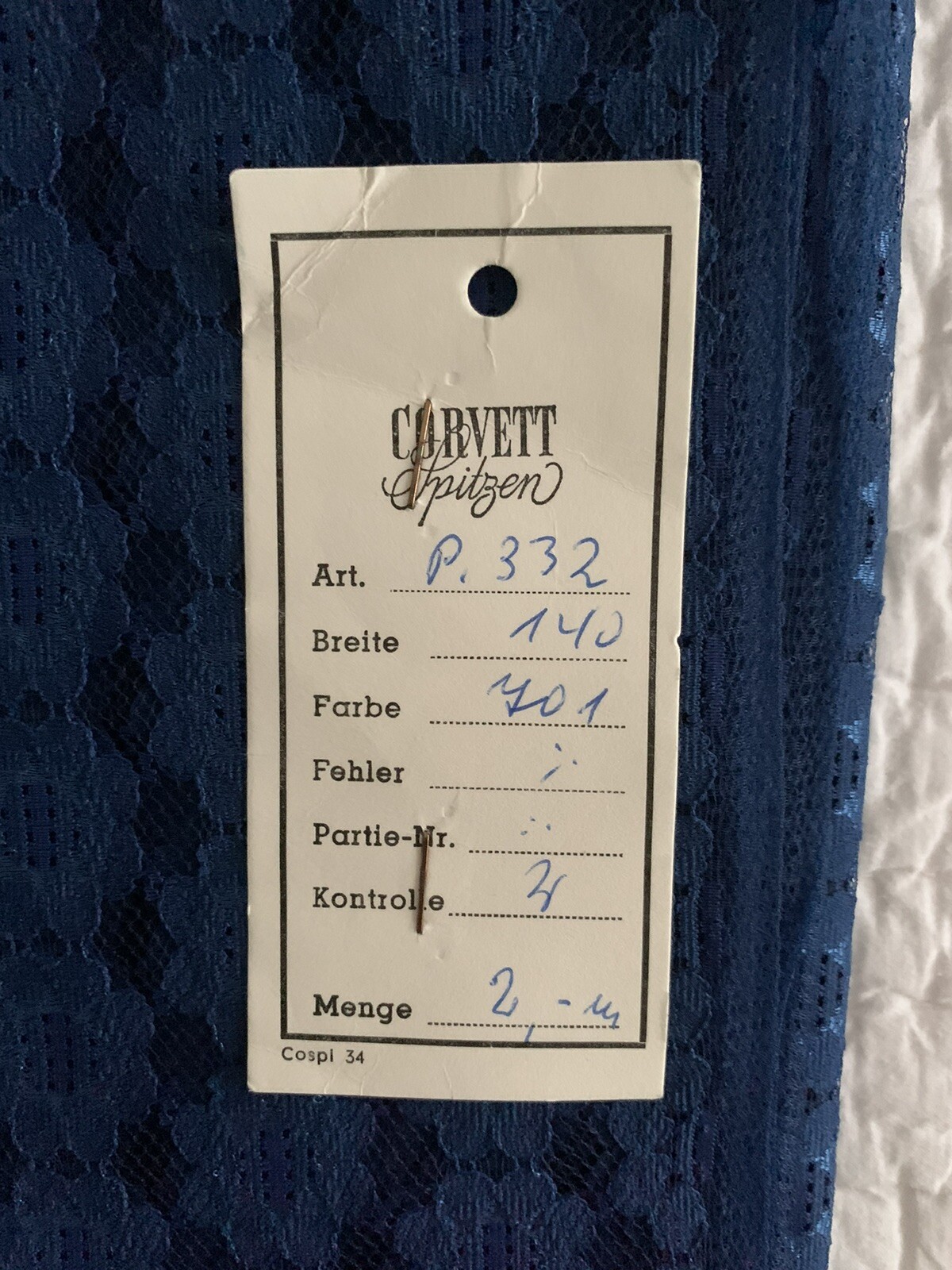 Vintage German Corvett Spitzen Blau Spitze Stoff Musterstück 48"" x 56