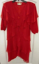 Holly Harp Vintage 1970s/1980s RED Tiered Silk Chiffon Dress Size Medium 41"Long