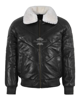 Herren Stepp Puffer Lederjacke Schwarz Lammfellkragen WARM Bomberjacke