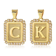 New Gold Plated Initial Letter Pendant Bling Clear CZ Square Charm Only 22*26mm