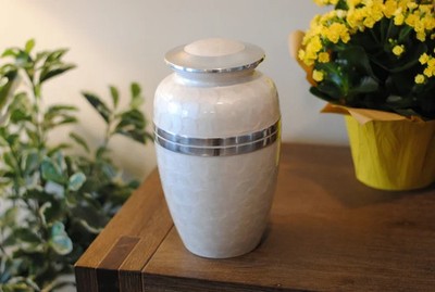 Handcrafted Pearl White Cremation Urn with Silver Bands