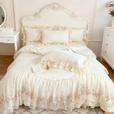 French Chic Bedding Set 4-Piece - Romantic Lace Trim Washed Cotton, Duvet Cover
