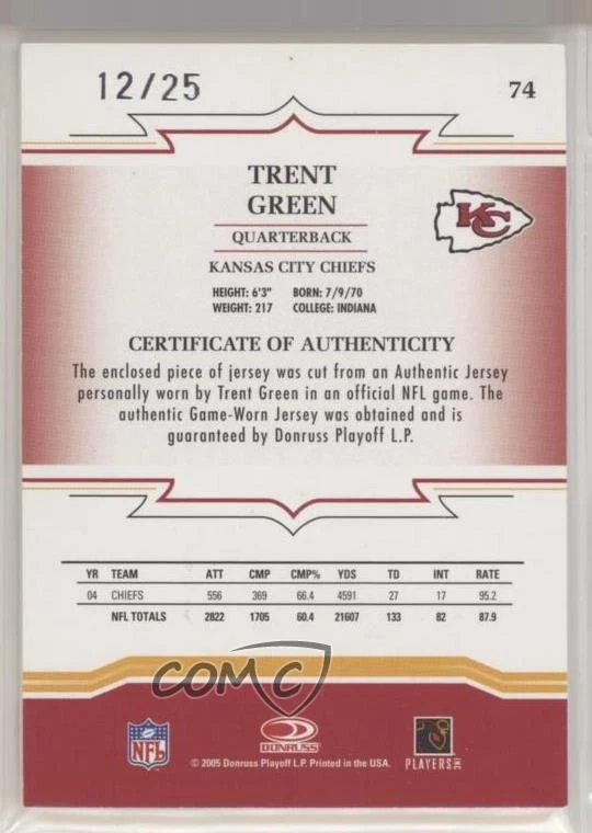 2005 Donruss Throwback Threads Materials Prime /25 Trent Green #74 - Image 2 of 2