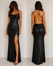 Windsor Black Sparkle Glitter Maxi Dress XS Open Back High Slit Y2K Formal