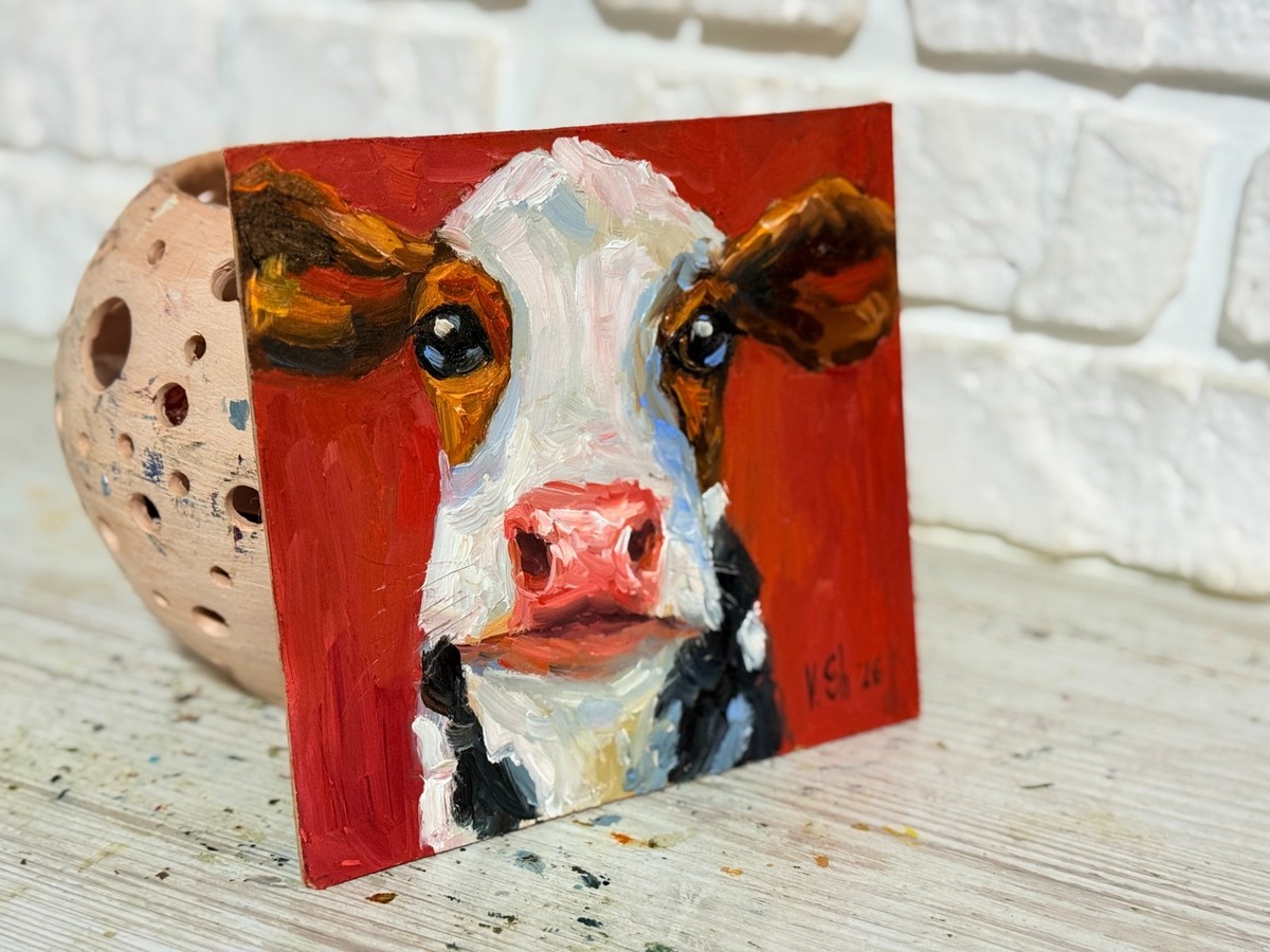 Oil Painting Original Cow Art Signed Portrait Animal Impasto Art