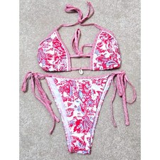 Floral String Bikini  Top Women's M Red/White/Blue NWOT