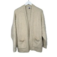 American Eagle Tan Fuzzy Soft Open Front Sweater Cardigan Size Small