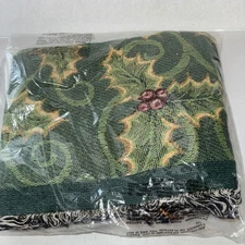 Throw Blanket Tapestry Holly Leaves Metalic Threads Fringe 51' x 63" New USA