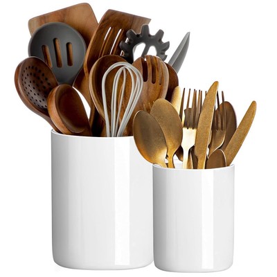 White Ceramic Kitchen Utensil Holder Set of 2 for Countertop, 6.3, 4.7 Inch