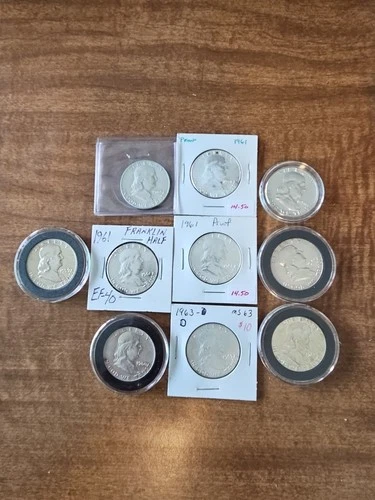 Lot of 10 Franklin Half Dollars 90% Silver Some Proof Coins Mixed Dates