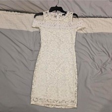 Ambiance White Lace Sheath Dress Crochet Cold Shoulder Zip Floral M