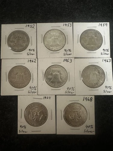 US Silver Half Dollar Lot (8 Coins) 1952–1964 (Franklin & Kennedy)
