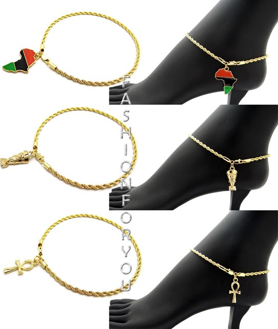 Women's Africa, Nefertiti, Ankh Charm 3mm 10" Rope Chain Anklet Ankle
