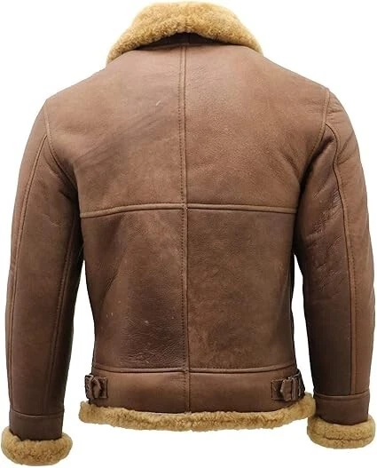 Men's B3 RAF Bomber Brown Aviator Flying Fur Shearling Real Leather Jacket Coat - Image 4 of 4