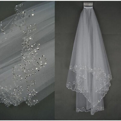 2 Layer White/Ivory Elbow Length Beads Edge Wedding Bridal Veil with Comb New