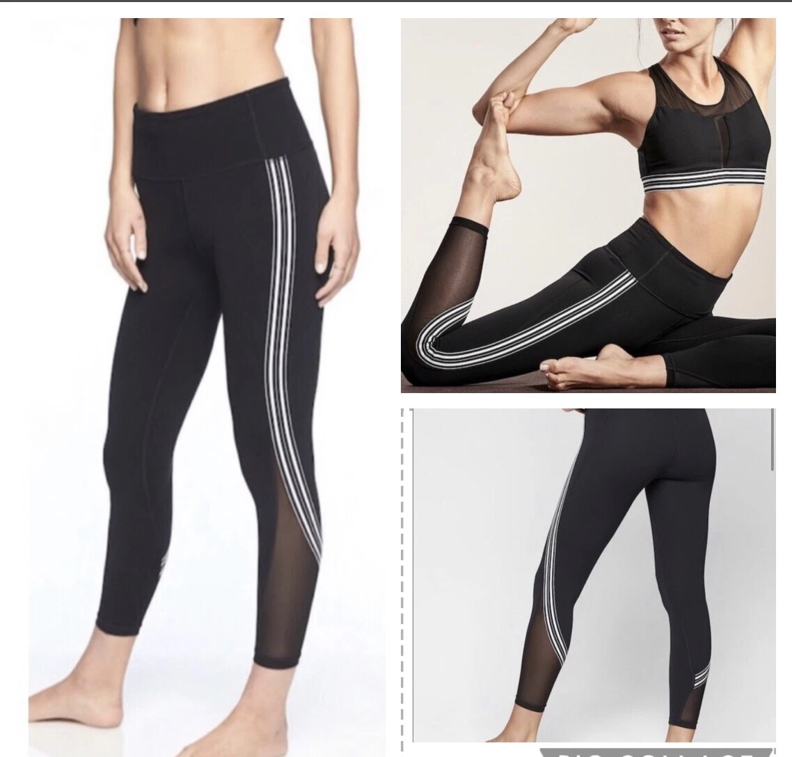 Athleta Black & White Side Stripe Salutation Leggings 7/8 Length Small Yoga  Mesh