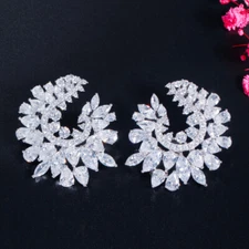 Drop Cluster Stud Earring CZ Silver Plated Cubic Zircon Women Sparkling Jewelry 