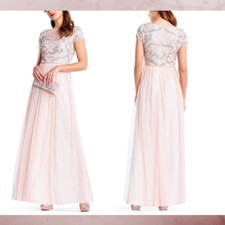 NWT Adrianna Papell Leaf Motif Beaded Illusion Bodice Tulle Gown SZ 16  E543