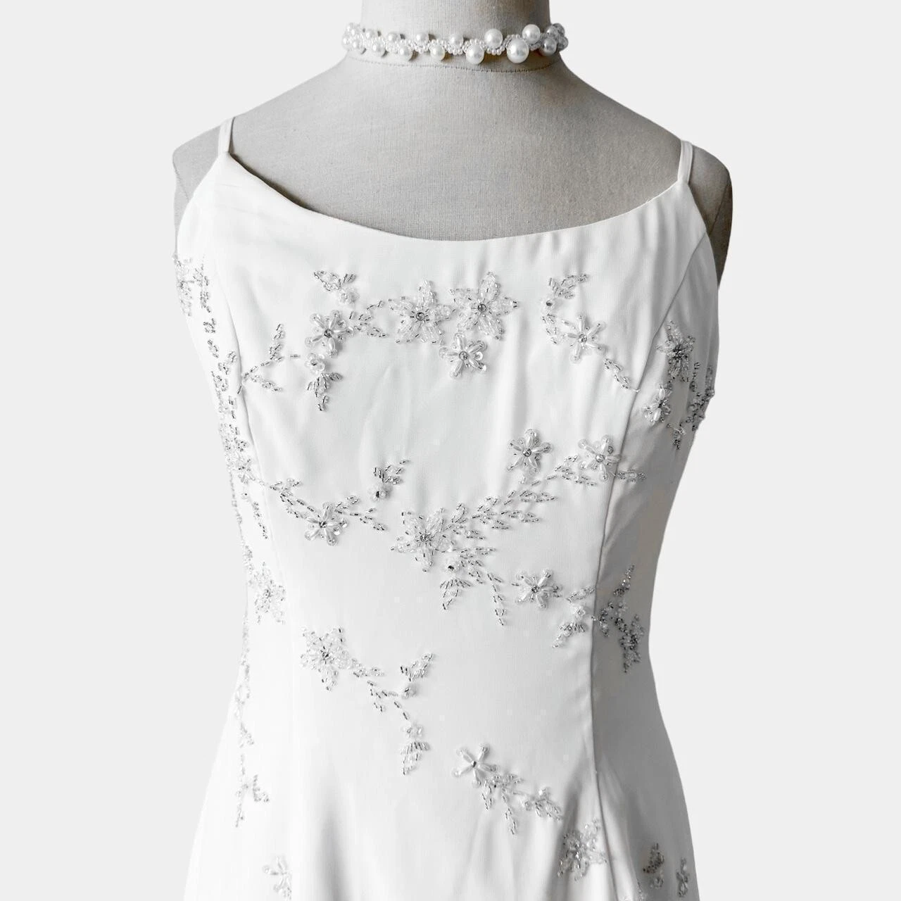 OFF WHITE Abito da ballo formale svasato vintage bianco floreale perline volant vestibilità alta bassa taglia S