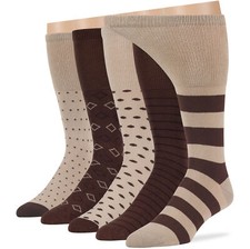 Men Diabetic Wide Cotton Mid-Calf Soft Socks 5 Pack-Large-Stripe Dot Brown Beige