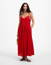 Madewell Textured V-Neck Midi Dress L Festival Red Linen Organic Cotton SZ M NEW