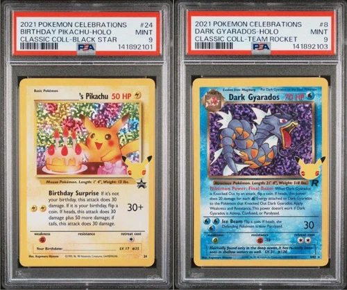 SEQUENTIAL PSA 9 BIRTHDAY PIKACHU 24 DARK GYARADOS 8 HOLO CELEBRATIONS POKEMON