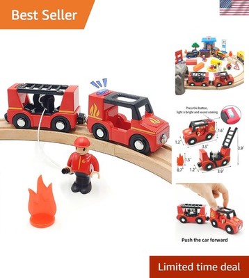 Toddler-Friendly Wooden Train Set with Light & Sound - Fire Truck Included