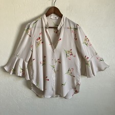 Womens S Blouse Floral Button Front V Neck 3/...