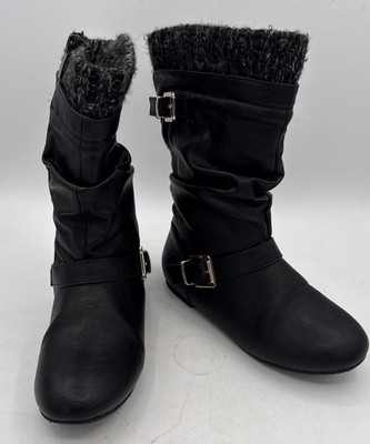 Girls Black Faux Leather Boots with Buckle and Knit Trim Size 1 Preowned