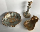 STANGL POTTERY 3 pieces GOLD/TURQUOISE LOT BOWL, PEAR, CANDLEHOLDER 1957-1969