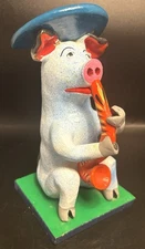 Gerardo Ortega Mexican Folk Clay Pig Playing Saxophone Whimsical Sculpture