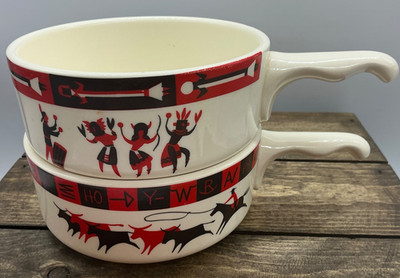 VTG Lee Bates Albuquerque pair stoneware handle soup bowls red Southwest designs