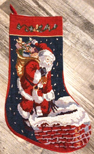 Vintage Needlepoint Christmas Stocking Santa Chimney Toys 80s Red Tapestry Decor
