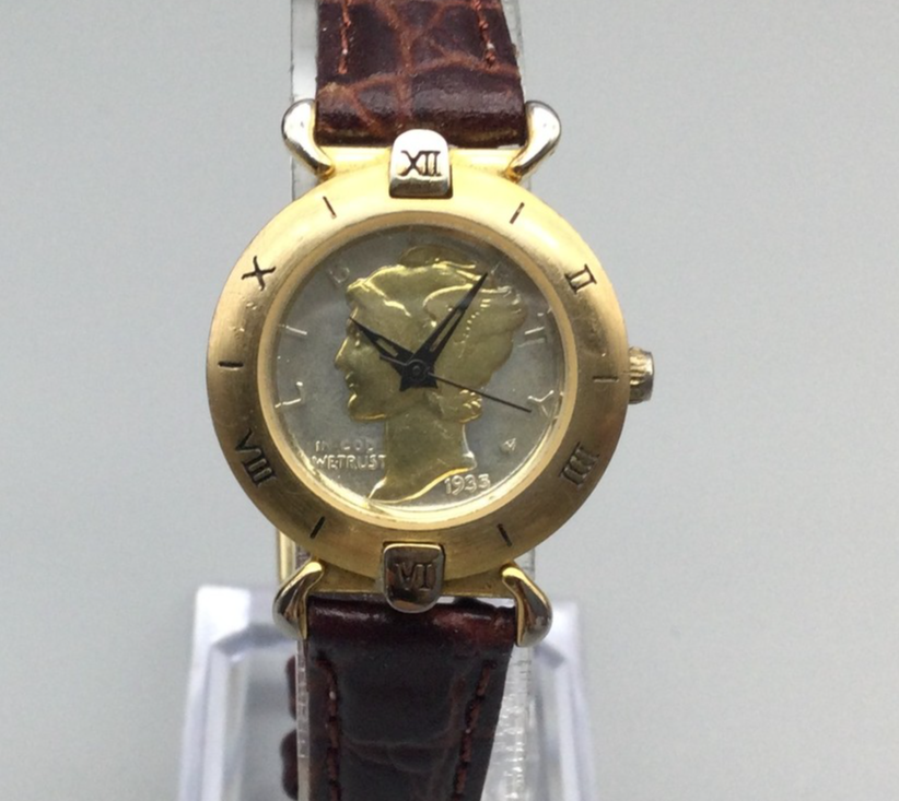 Vtg Britannia Mercury Dime Coin Watch Women 24mm Gold Case 1980s New Battery