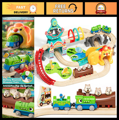 Wooden Dinosaur Train Set with Battery-Powered Engine, Castle Track & Accessorie