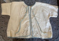 Vintage Handmade Cream Baby Vest with Floral Embroidery  Blue Trim