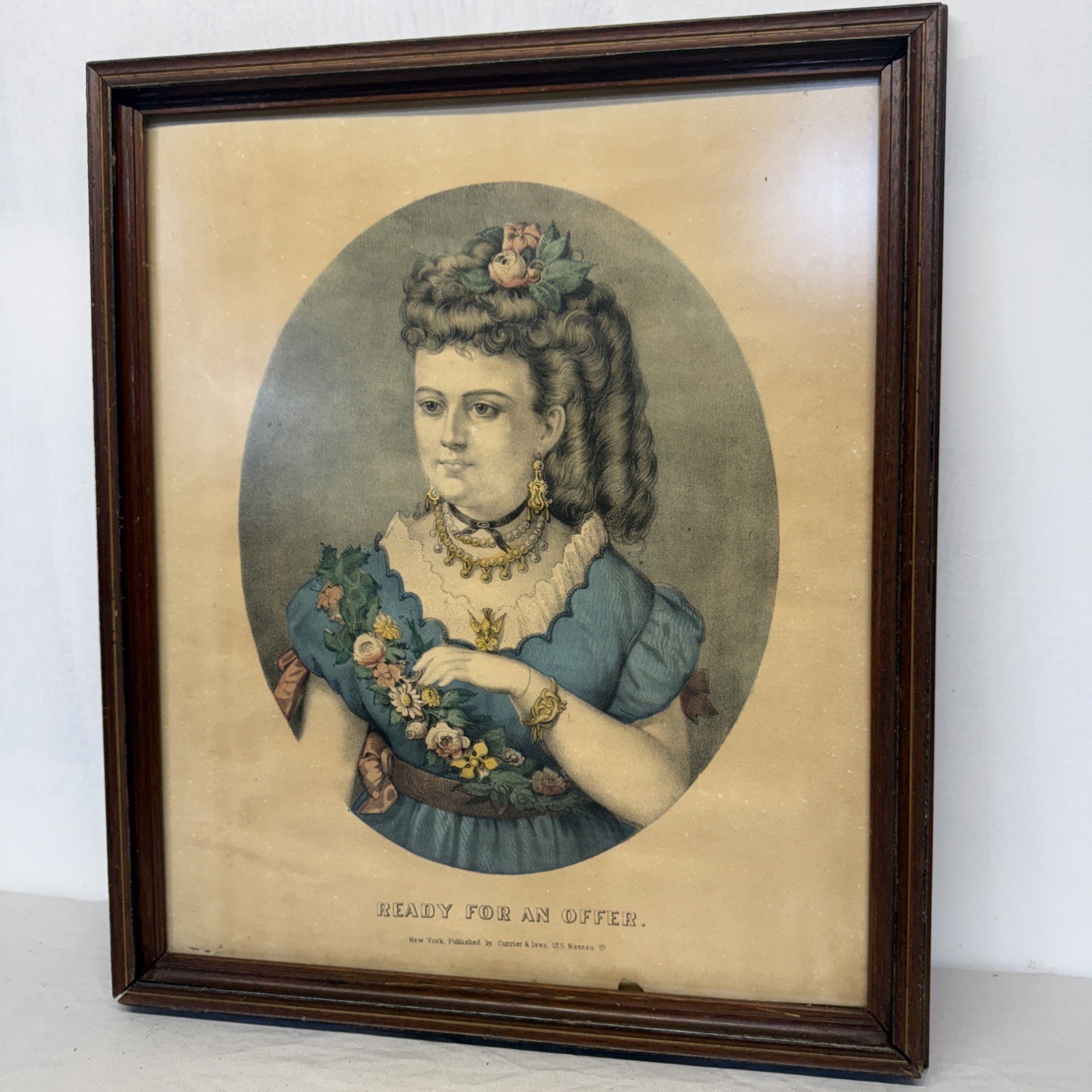 Antique/Vintage Framed Currier And Ives “Ready For An Offer” Girl Print