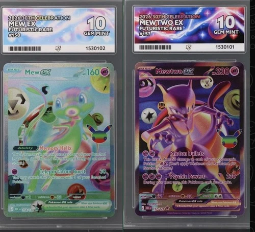 Mew and Mewtwo ex 157-158/128 2026 30th Celebration Futuristic Rare Holo ACE 10