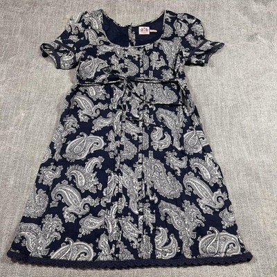 Juicy Couture Dress W M Blue Paisley Puff Slv Belt Crochet Boho Lined Empire