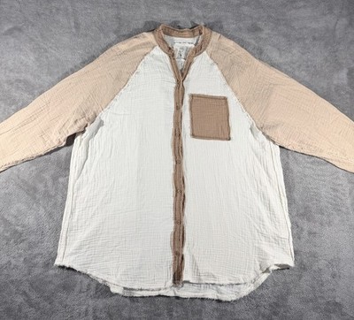 Aerie Women s Beige Pool To Party Button Up Oversized Cotton Cover Up Shirt, 2XL