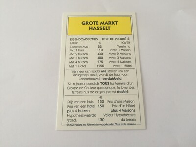 MONOPOLY KARTE 2001 FRANZÖSISCH NIEDERLÄNDISCH EIGENTUM GROSSER MARKT HASSELT