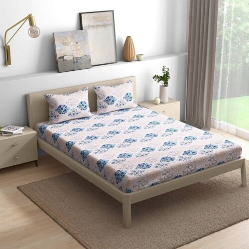 144 TC Premium Cotton Printed King Size Slim Bedsheet Set With 2 Pillows-