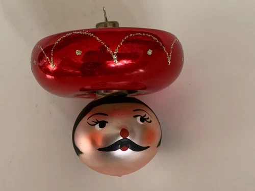 Vintage Mexican Sombrero Man Eyes & Mustache Blown Glass Ornament 3"H x 3"W