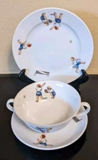 Vtg Nippon Toki Kaisha Child's Dish Set Baseball Theme 2 Eared Cup Saucer Plate