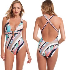Trina Turk Electric Wave Cross Back One Piece Plunge Swimsuit